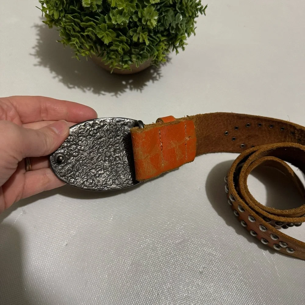 Vintage Texas Belt Buckle Genuine Leather Orange Studded Western Belt Mens Small
